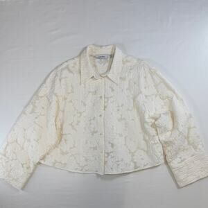 & Other Stories Women's Cream Blouse US 14 Textured Sheer Floral Cropped Button
